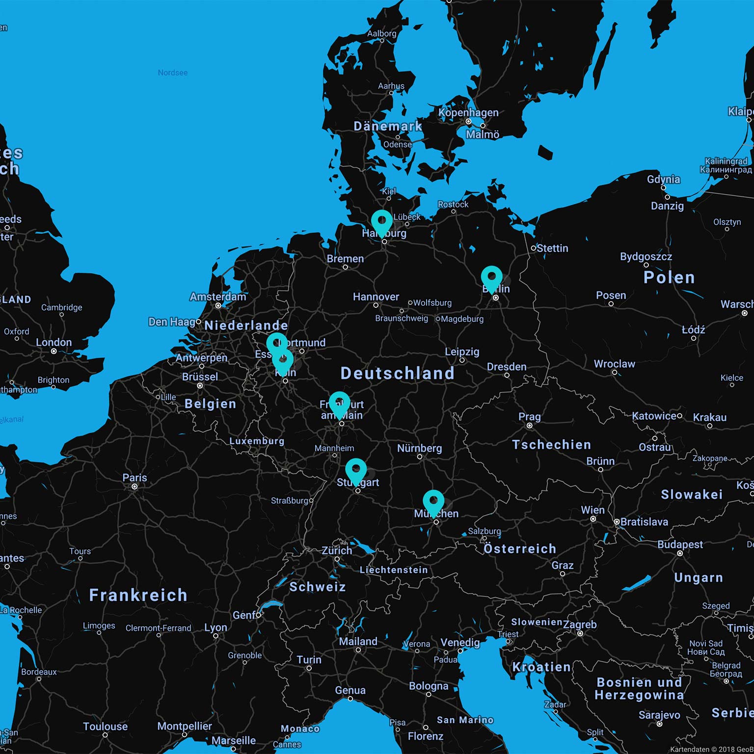 Map of Germany with pins for each of McKinsey's locations in Germany