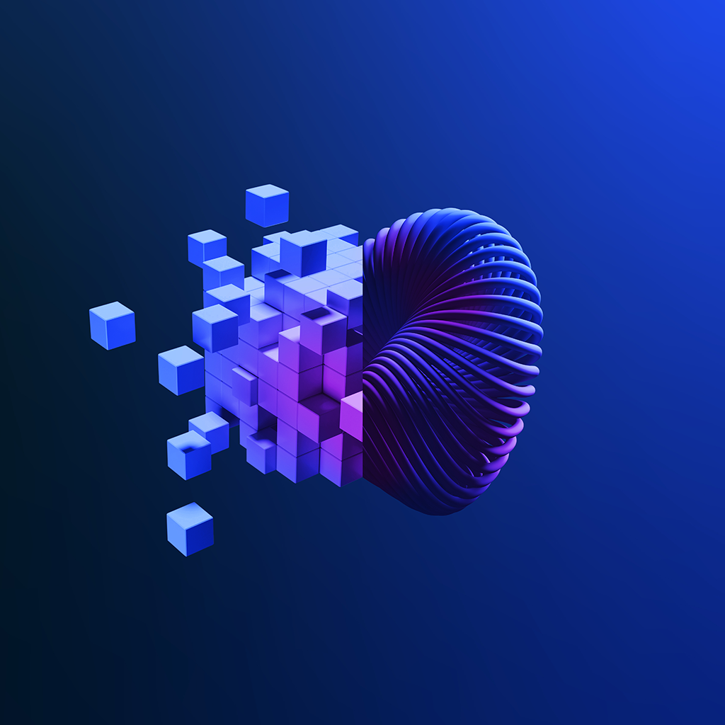An abstract shape that is half structured three-dimensional blocks and half circular coil.