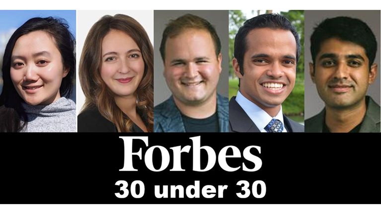 Montage image of five alumni with Forbes 30 under 30 logo