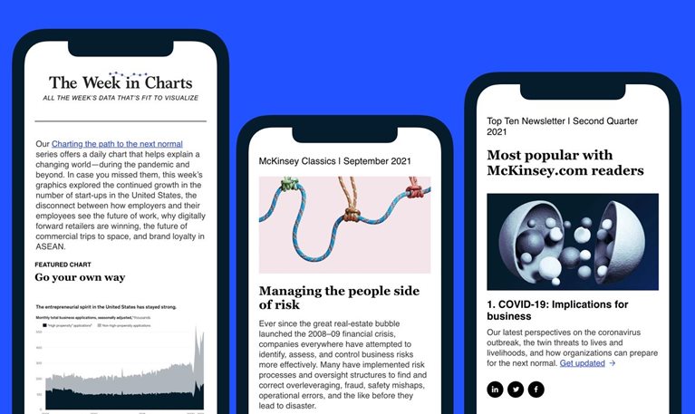 Three mobile phones with McKinsey newsletters on the screen, over an electric blue background