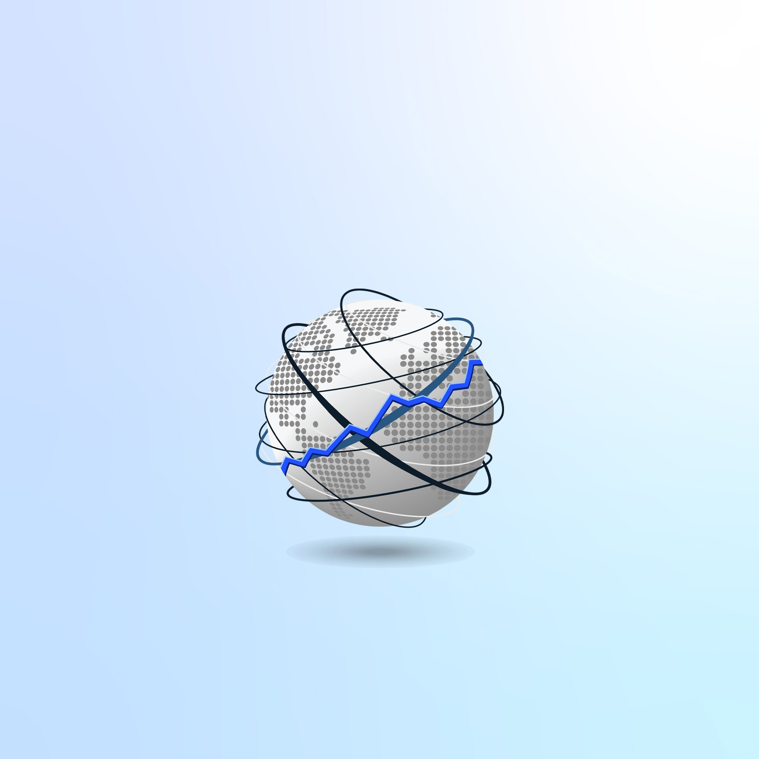 A white sphere features a dotted map design on its surface, adorned with various thin and thick dark blue lines that encircle it in various directions. One striking bright blue graph line follows an upward path, wrapping around the center of the globe.