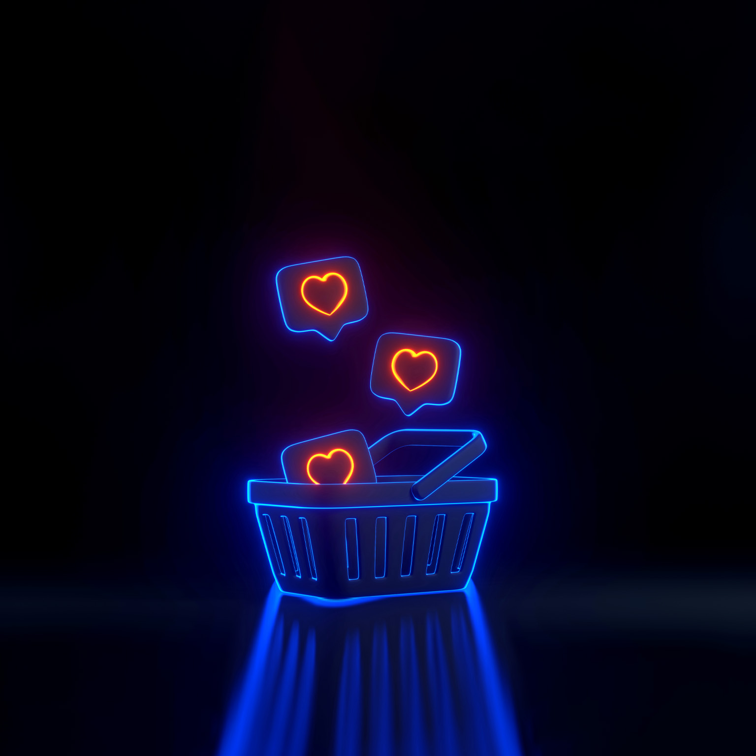 Neon-toned 3D-style image of a shopping basket with heart icons floating from it.