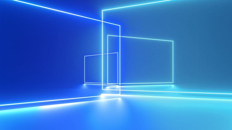 Digital image of lit up rectangles of different sizes merging around one axis