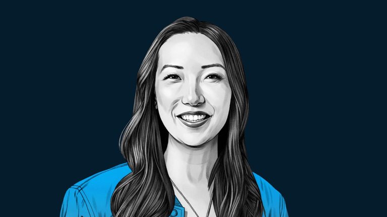 A hand-drawn illustration of Clara Shih, smiling and wearing a cardigan. The drawing features precise lines and subtle shading, using black and white tones for her face and blues for her attire.