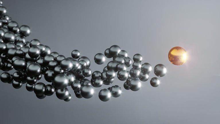 Abstract flying golden sphere and the others following it