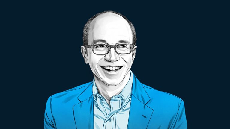 A hand-drawn illustration of Alan Murray, smiling and wearing glasses, a suit jacket, and a collared shirt. The drawing features precise lines and subtle shading, using black and white tones for his face and blues for his attire.