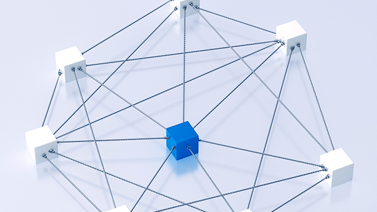 3D rendering of cubes tied up with rope - stock illustration