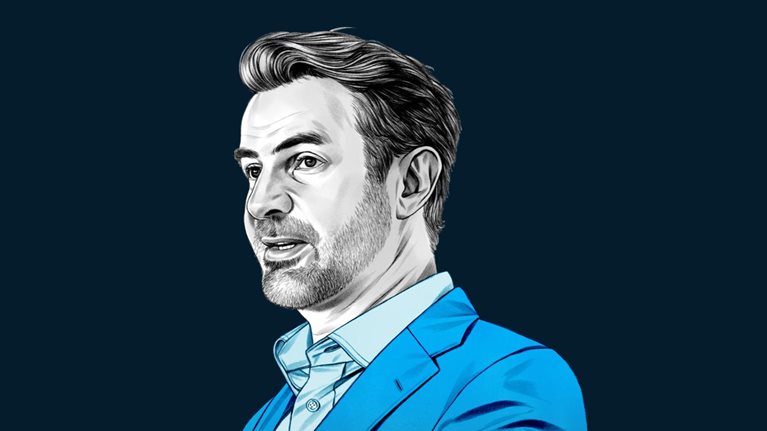 A hand-drawn illustration of Erik Brynjolfsson in a suit jacket and a collared shirt. The drawing features precise lines and subtle shading, using black and white tones for his face and blues for his attire.