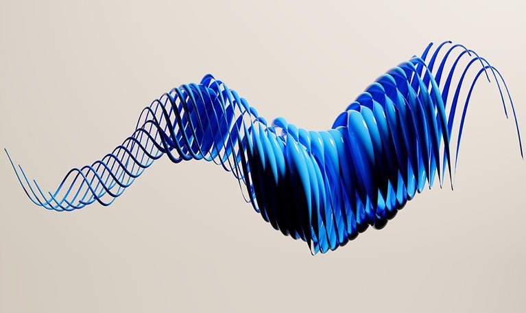 Digital generated image of abstract blue wave swirl flowing turbulent against grey background.