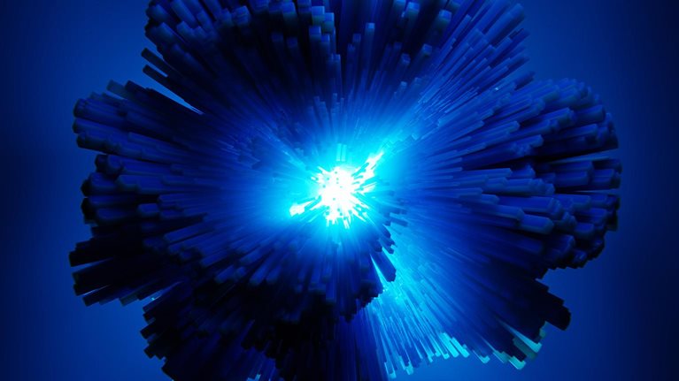 Abstract light explosion render. Beams of light shooting free from center of mass. - stock photo