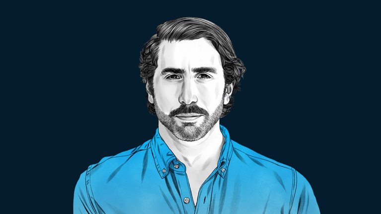 A hand-drawn illustration of Matt Ball, with a light smile and and a collared button-down shirt. The drawing features precise lines and subtle shading, using black and white tones for his face and blues for his attire.