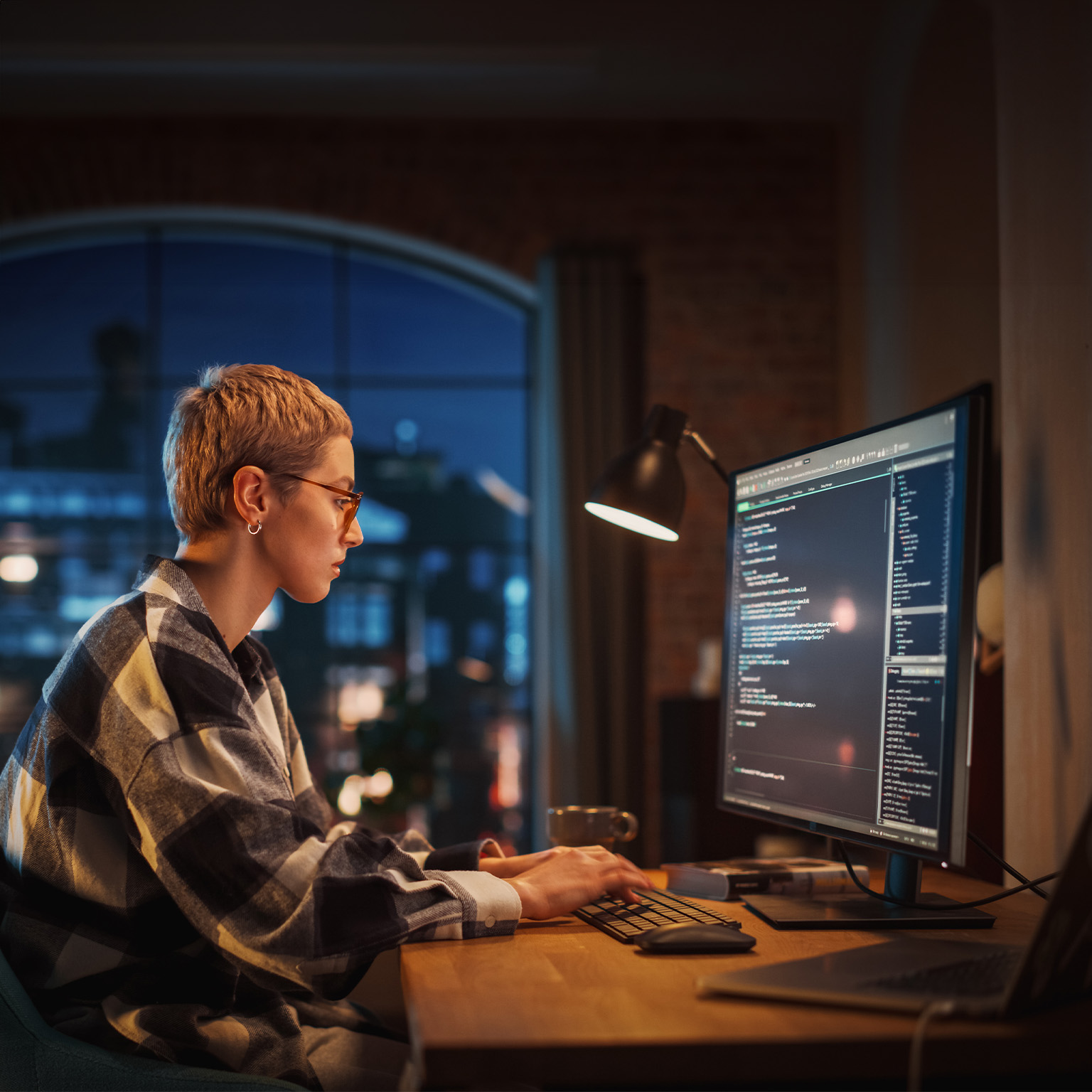 Young Woman Writing Code on Desktop Computer in Stylish Loft Apartment in the Evening. Creative Female Wearing Cozy Clothes, Working from Home on Software Development. Urban City View from Big Window. - stock photo