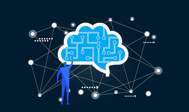 Person standing in front of futuristic rendition of artificial brain. - stock illustration