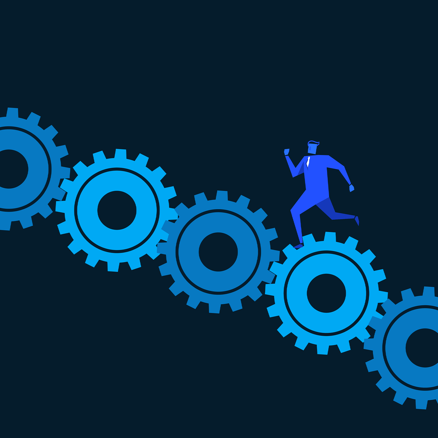 Person running up steps made of cogwheels. - stock illustration