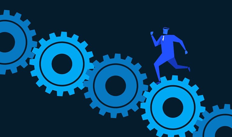 Person running up steps made of cogwheels. - stock illustration