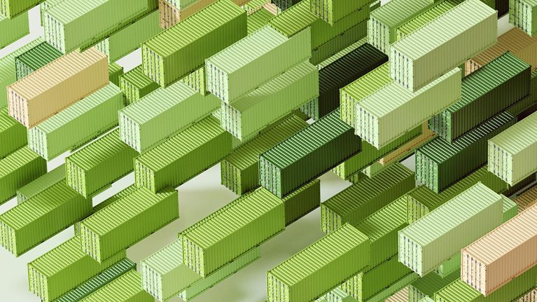 Digital generated image of warehouse of shipping containers. Concept of business logistics and freight transportation.