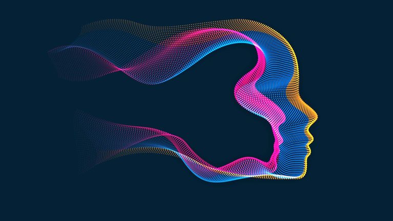 Abstract artistic human head portrait made of dotted particles array. Digital soul, spirit of technological time