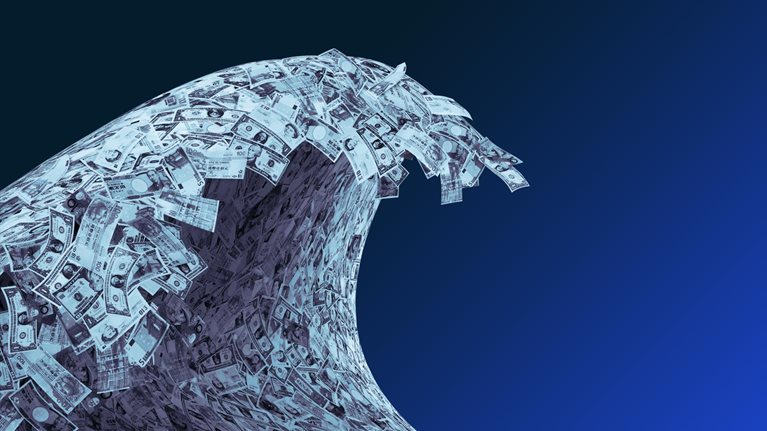 A big wave swallows the building