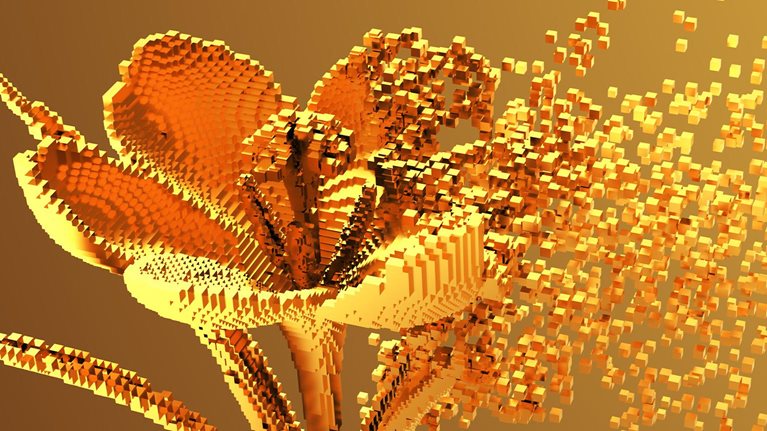 Gold Digital Flower Disintegrates To 3D Pixels