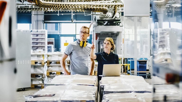 Engineers working on laptop in a large printer