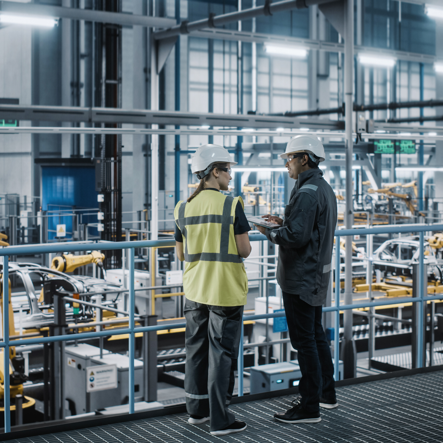 Two workers talking in a factory