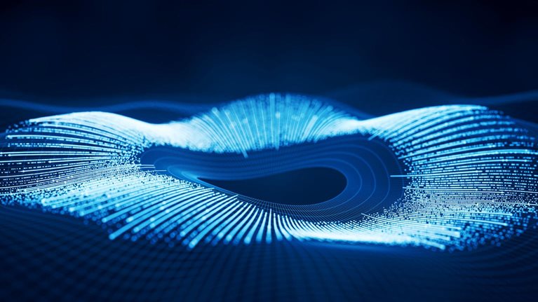A three-dimensional wave-like shape composed of glowing blue lines and points of light, resembling the iris of an eye.