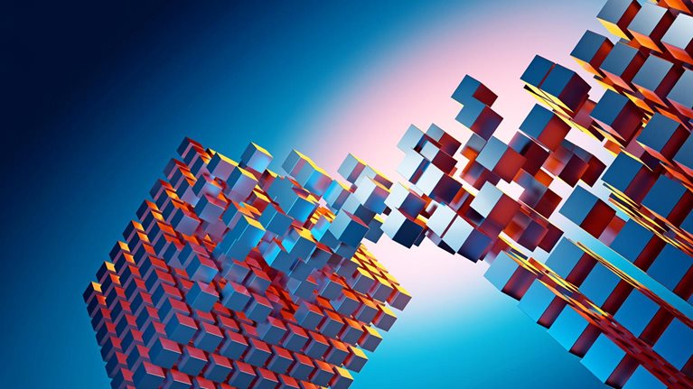 Two three-dimensional cubes made up of smaller cubes are swapping pieces, resulting in an arch connecting the two larger structures.