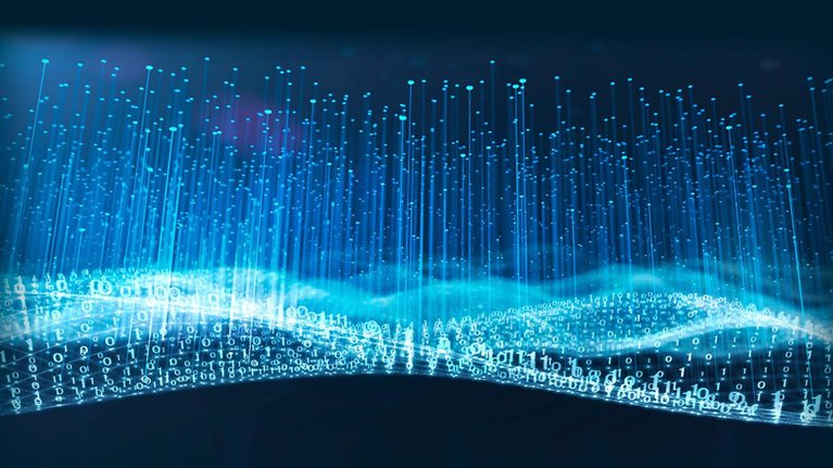 Abstract image of binary big data wave with information vertical line dots.