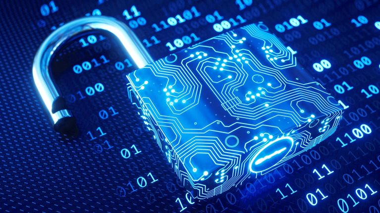 A blue padlock made to resemble a circuit board and placed on binary computer code
