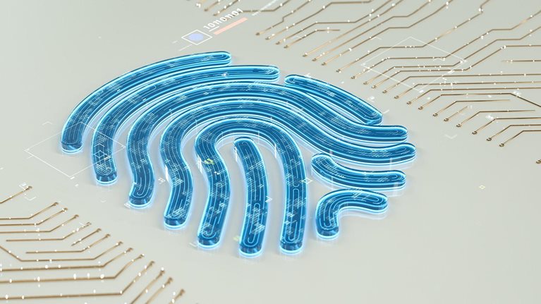 Digital generated image of glowing glass fingerprint icon on black surface. - stock photo