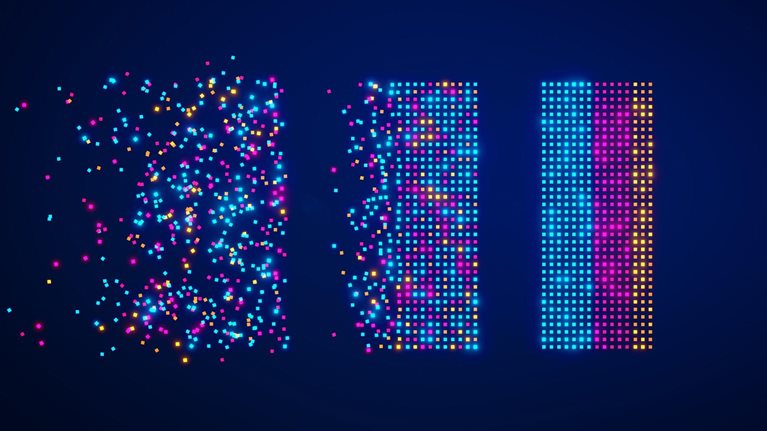 Three columns made up of colorful squares. The left column is chaotic, the middle has modest order, and the right is fully organized by the color of the square.