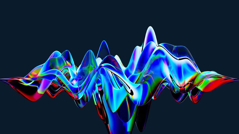 A 3d pattern of deep blue, red, and green hues undulates across the screen, resembling an abstract glass wave. The wave is set against a deep blue background, which adds to the drama.