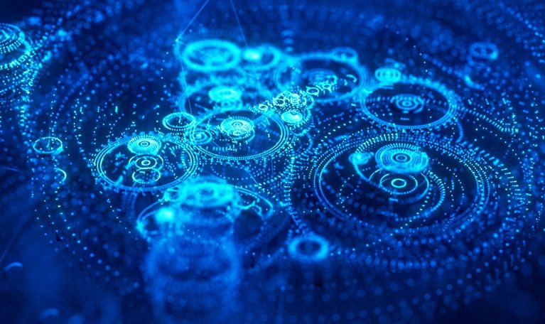 Image of digital light shaped like intricate clockworks.