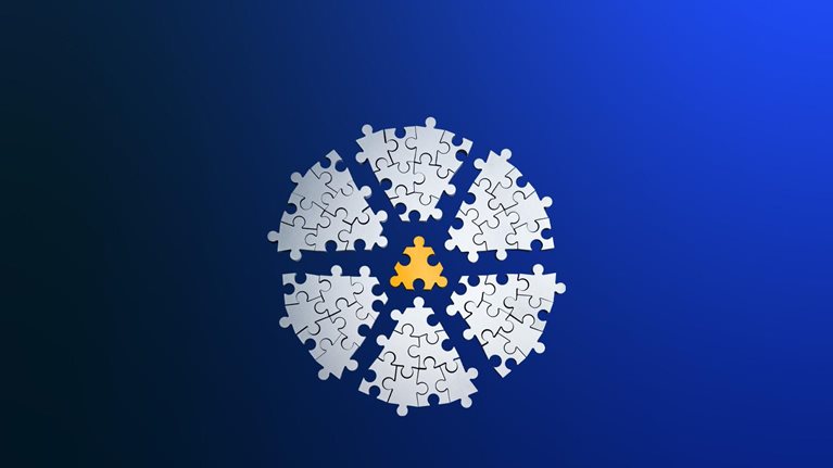 The blue background highlights a circular jigsaw puzzle that has been divided into six evenly sized wedges. In the center, a bright amber-yellow piece is surrounded by the white wedges.