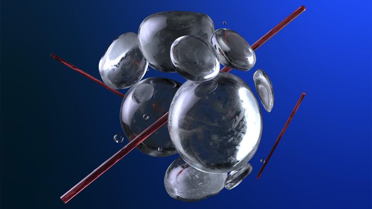 Abstract glass spheres suspended and forming around red glass rods.