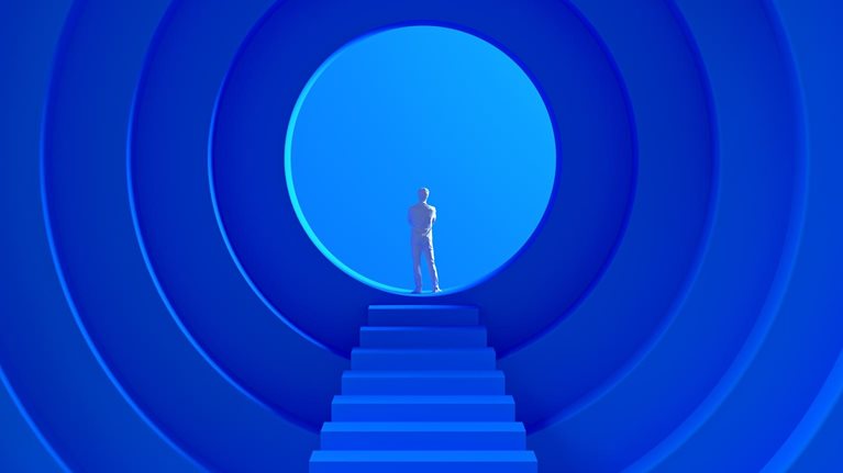 A 3D illustration of a small human figure standing at the top of a long set of stairs