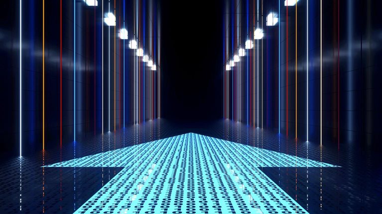 A futuristic, dark corridor lined with brightly lit, vertical neon lights of various colors. The floor is illuminated with an arrow pointing towards the vanishing point, composed of a binary code pattern, suggesting a digital pathway or journey forward.