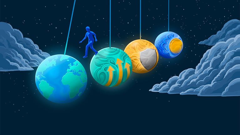 Illustration of clouds flanking four spheres that are changing colors to emerge as the earth as seen from space. A human steps toward the earth from the third sphere