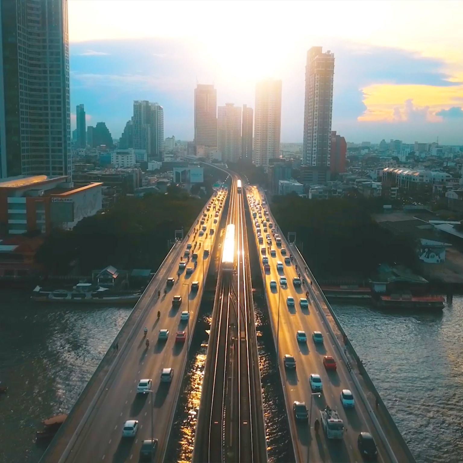 Aerial view of Bangkok at sunset stock video still