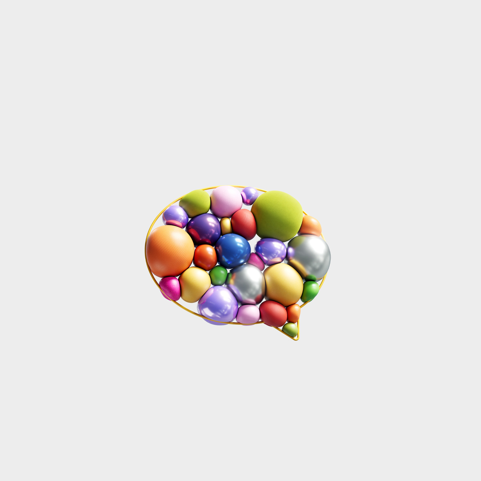 A golden outline of a speech bubble is filled with a jumble of colorful, balloon-like spheres. The spheres vary in size, color, and texture, and the image is set against a light-gray background.