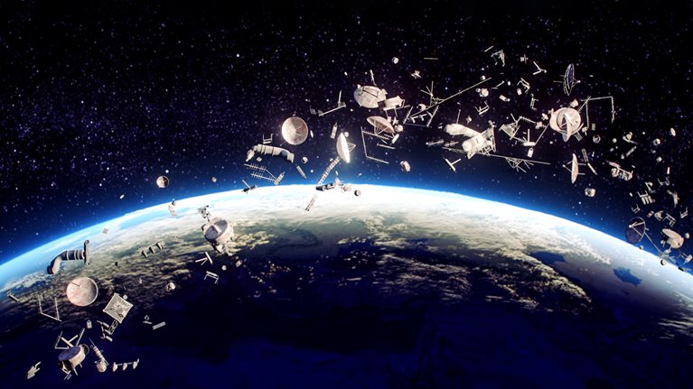 Space debris floating in Earth's orbit.
