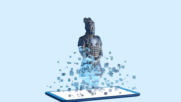 A terracotta soldier figurine emerging from a digital tablet. The soldier looks digitized at it's base but becomes a solid form at it's top.
