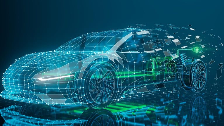 Glowing construction blueprint of futuristic electric car