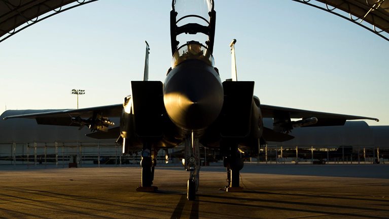 A U.S. Air Force F-15E Strike Eagle aircraft waits to take part in a training mission at Seymour Johnson Air Force Base, North Carolina.