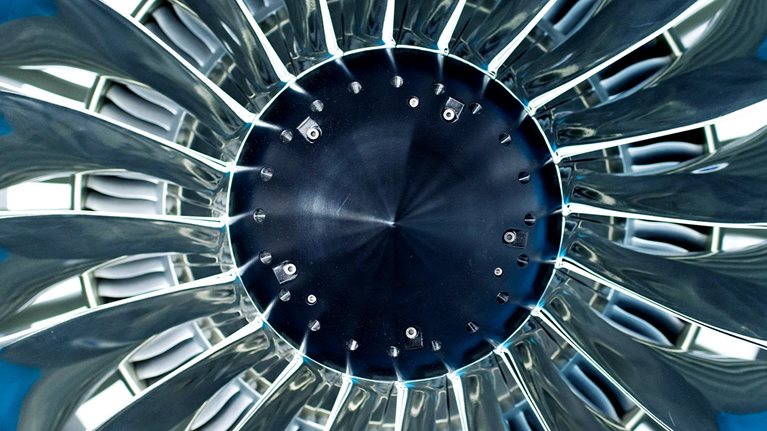 A model of a jet engine inside a factory