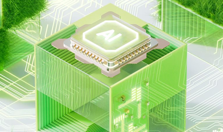 Futuristic microchip and digital data flowing. Merging technology and ecology