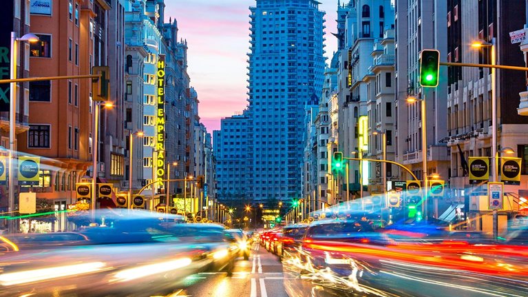 Madrid, Gran Via at Dusk - stock photo