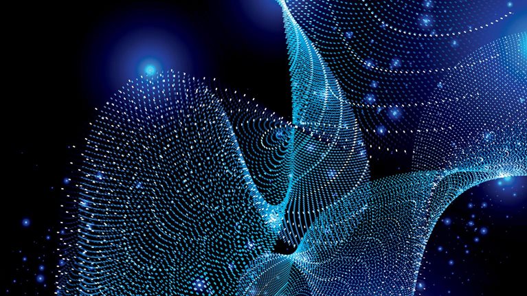 Abstract digital wave with flowing  particles on a light abstract blue background.