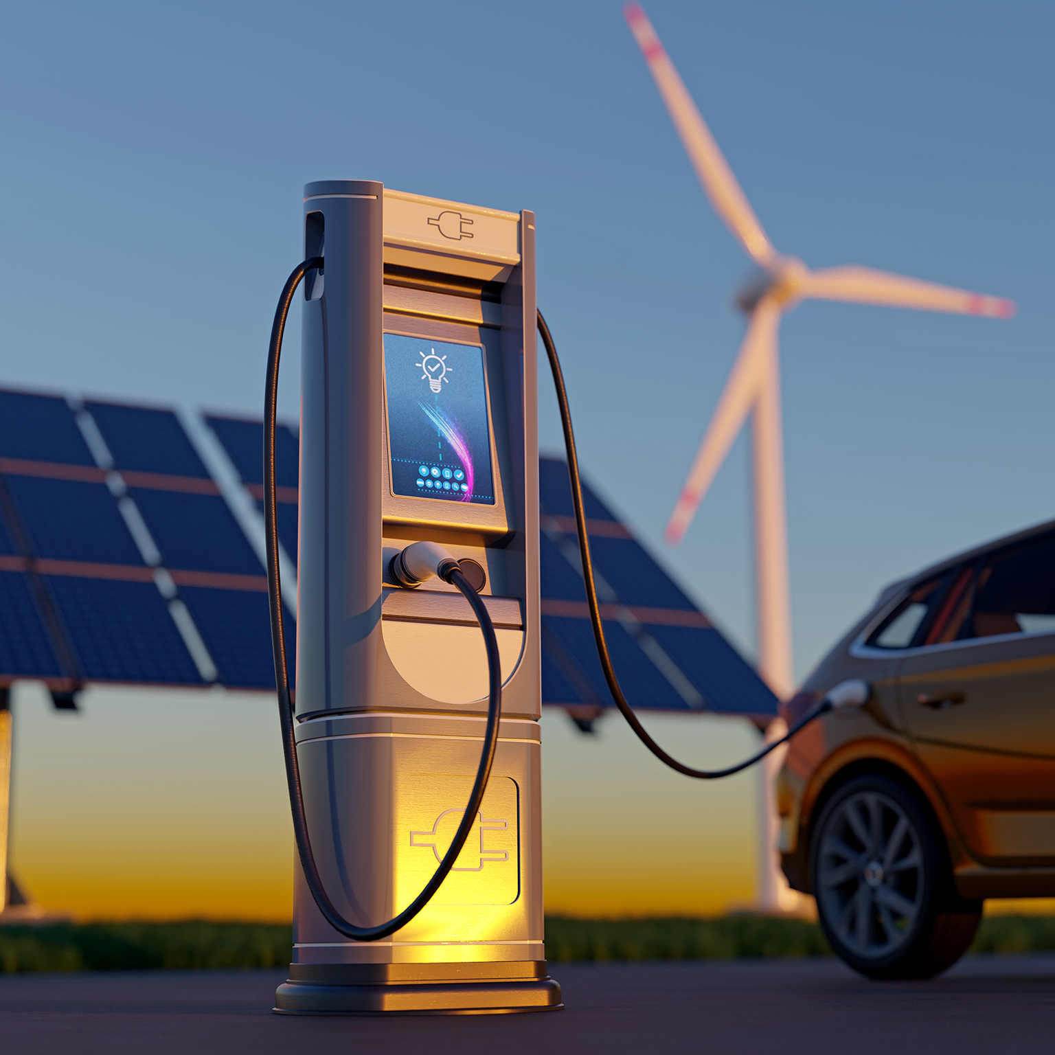Electric car charging with wind turbines and solar panel - stock photo