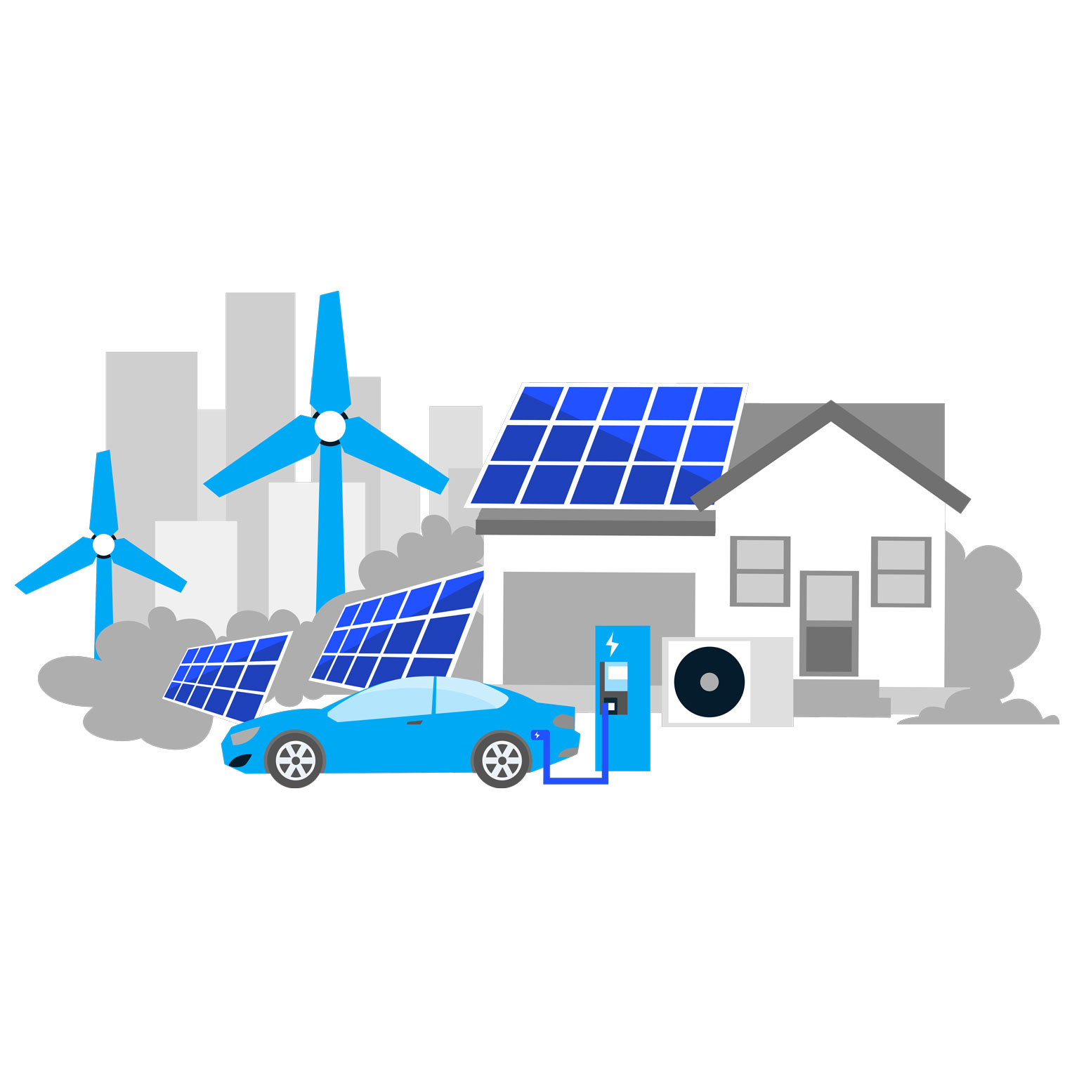 Electric car at charging station parked nearby house with solar panels